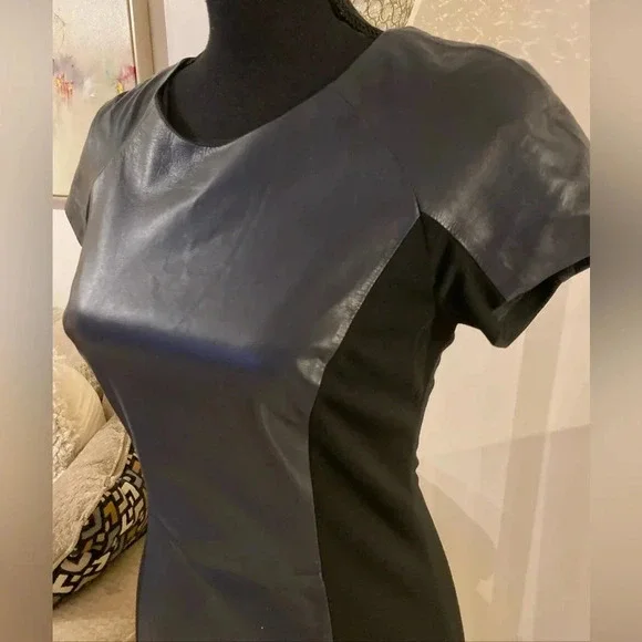 Vakko Black leather Knee-Length Sheath Dress - www.rajagirimanappuram.com